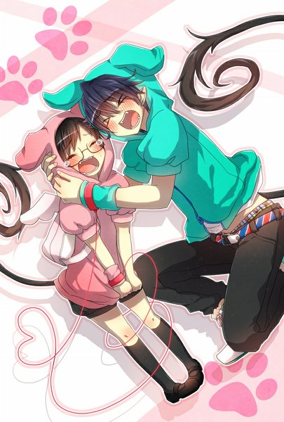 Anime picture 689x1019 with ao no exorcist a-1 pictures okumura rin okumura yukio rirumu (artist) tall image blush short hair open mouth simple background brown hair standing animal ears blue hair tail multiple boys hug squat demon tail siblings