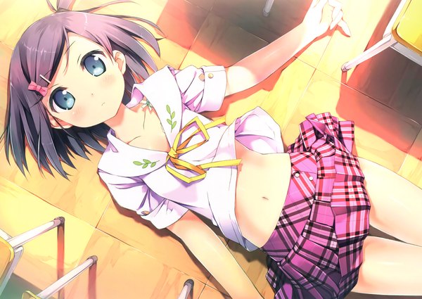 Anime picture 3834x2720 with hentai ouji to warawanai neko j.c. staff tsutsukakushi tsukiko kantoku single looking at viewer blush highres short hair blue eyes light erotic black hair absurdres lying sunlight official art on back loli one side up plaid skirt