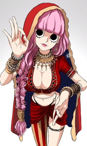 Anime picture 3000x5000 with one piece toei animation perona sherumaru (korcht06) single long hair tall image looking at viewer fringe highres breasts light erotic simple background smile large breasts standing signed pink hair cleavage blunt bangs