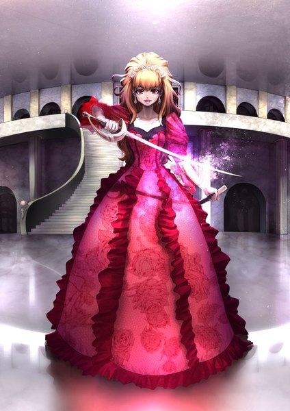 Anime picture 1280x1810 with original ebicola single long hair tall image looking at viewer fringe open mouth blonde hair red eyes standing holding light smile alternate hairstyle girl dress ribbon (ribbons) weapon hair ribbon earrings