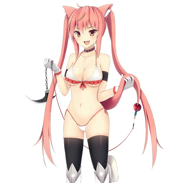 Anime picture 1200x1200 with original mijinko (rioriorio) single long hair looking at viewer blush breasts open mouth light erotic simple background red eyes white background twintails animal ears pink hair tail girl gloves navel weapon