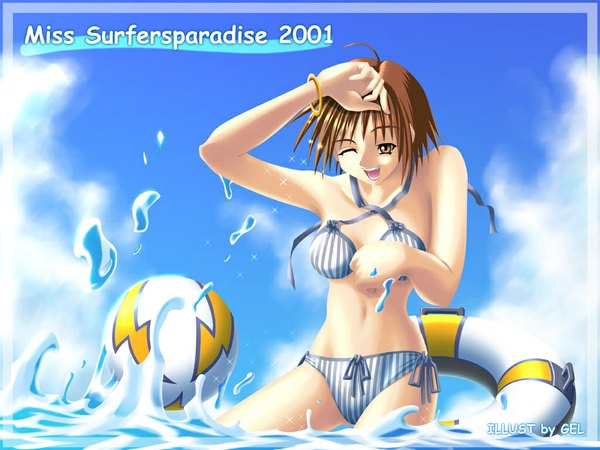 Anime picture 1024x768 with single 2001 girl swimsuit bikini striped bikini tagme