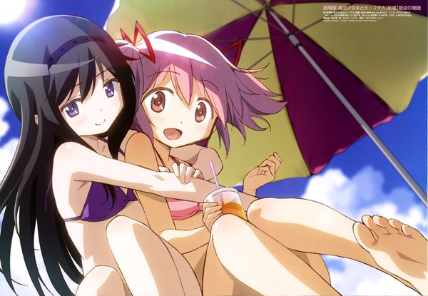 Anime picture 5929x4101 with mahou shoujo madoka magica shaft (studio) akemi homura kaname madoka taniguchi jun'ichirou long hair highres short hair open mouth black hair smile purple eyes multiple girls pink hair absurdres pink eyes official art hug girl ribbon (ribbons)