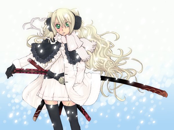 Anime picture 1280x959 with original single long hair blonde hair green eyes zettai ryouiki snowing scar smoking thighhighs gloves sword scarf katana cigarette earmuffs nagy