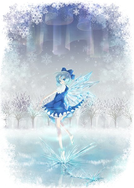 Anime picture 950x1330 with touhou cirno miyuki ruria single tall image looking at viewer short hair blue eyes smile blue hair looking back barefoot girl bow plant (plants) hair bow wings tree (trees) snowflake (snowflakes) ice