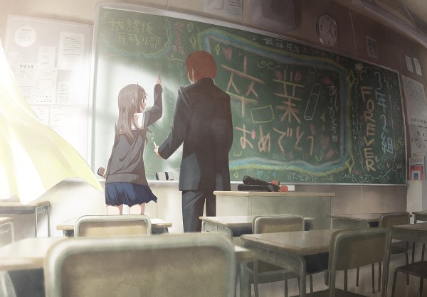 Anime picture 1200x836 with spongebob squarepants original spongebob squarepants (character) mizu asato long hair blush short hair black hair brown hair standing indoors from behind blurry depth of field couple back classroom graduation girl boy