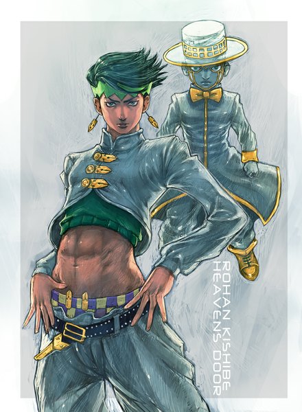 Anime picture 734x1000 with jojo no kimyou na bouken kishibe rohan heaven's door boyaking(sbf) tall image looking at viewer short hair simple background green hair inscription grey background border hands on hips stand (jojo) boy navel hat earrings belt bowtie