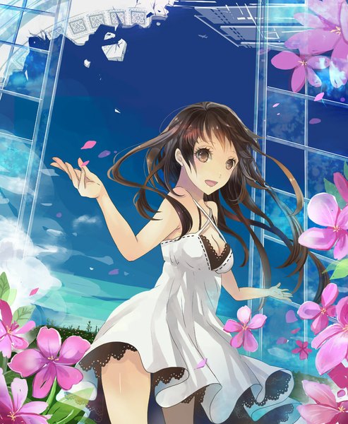 Anime picture 821x1000 with original sakuragi kei single long hair tall image looking at viewer black hair brown eyes sky cloud (clouds) girl dress flower (flowers) petals window sundress