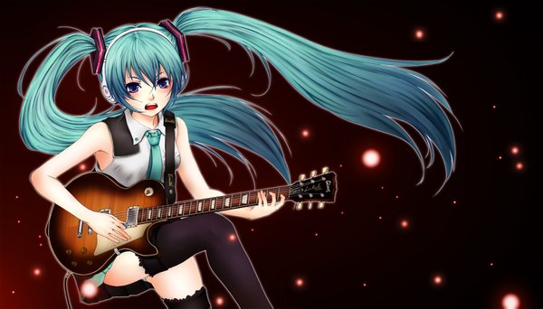 Anime picture 2000x1143 with vocaloid hatsune miku dinahfiria single long hair blush highres open mouth blue eyes wide image twintails green hair girl thighhighs skirt hair ornament black thighhighs miniskirt necktie headphones