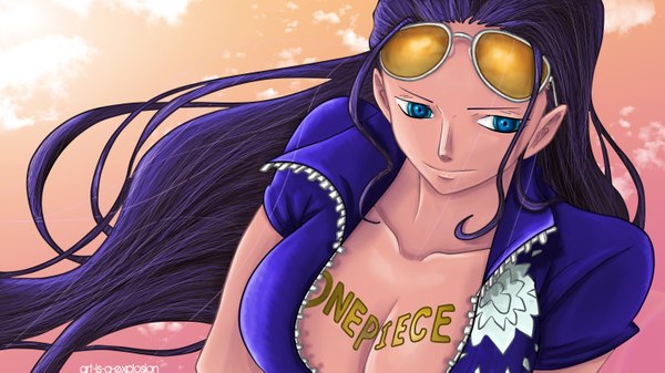 Anime picture 1500x843 with one piece toei animation nico robin art-is-a-explosion single long hair blue eyes light erotic smile wide image sky purple hair cloud (clouds) sunlight coloring sunglasses on head girl sunglasses