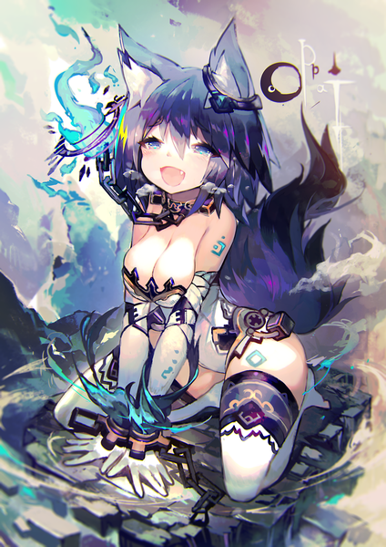 Anime picture 1060x1500 with original mamuru single tall image blush fringe short hair breasts open mouth blue eyes light erotic hair between eyes large breasts animal ears looking away sky cleavage purple hair cloud (clouds) full body