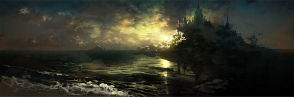Anime picture 2159x713 with original yamakawa (pixiv) highres wide image sky cloud (clouds) evening sunset scenic water sea castle island