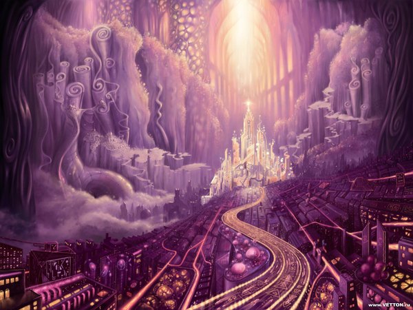 Anime picture 1600x1200 with bakenius city fantasy castle cave