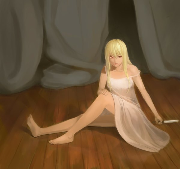 Anime picture 1954x1841 with original kokosisa single long hair blush highres blonde hair sitting bare shoulders brown eyes looking away barefoot lips bare legs turning head reflection girl dress weapon sword