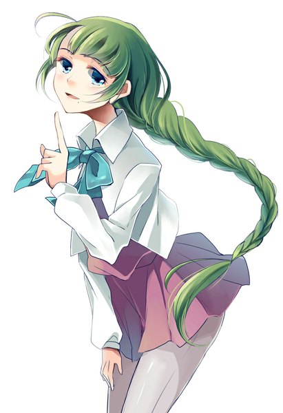 Anime picture 686x1000 with kantai collection yuugumo destroyer kaede (mmkeyy) single long hair tall image looking at viewer fringe open mouth blue eyes simple background white background ahoge braid (braids) green hair mole single braid mole under mouth girl uniform