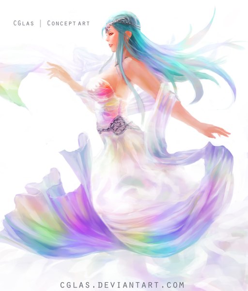 Anime picture 2177x2550 with original cglas single long hair tall image highres open mouth simple background smile red eyes standing white background bare shoulders blue hair profile outstretched arm spread arms girl dress hair ornament