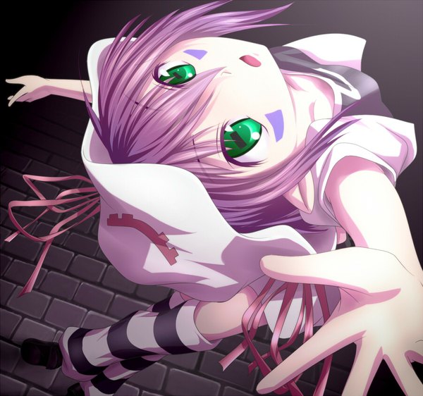 Anime picture 900x843 with yumekui merry merry nightmare yasutake single looking at viewer short hair green eyes purple hair parted lips looking back from above pointy ears spread arms face paint girl dress socks bonnet gaiters striped socks