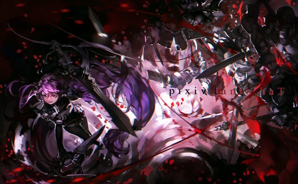 Anime picture 2030x1258 with original pixiv fantasia pixiv fantasia t yotsuyu single fringe highres smile wide image purple eyes holding looking away purple hair very long hair lips text fighting stance smirk girl weapon
