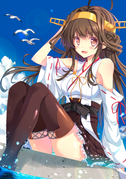 Anime picture 650x919 with kantai collection kongou battleship takanashi haruto single long hair tall image blush open mouth light erotic smile brown hair brown eyes sky cloud (clouds) ahoge traditional clothes nontraditional miko girl thighhighs skirt