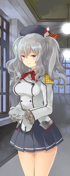 Anime picture 379x950 with kantai collection kashima training cruiser shiosoda single long hair tall image looking at viewer fringe blue eyes hair between eyes standing twintails silver hair pleated skirt wavy hair hands clasped military girl skirt gloves