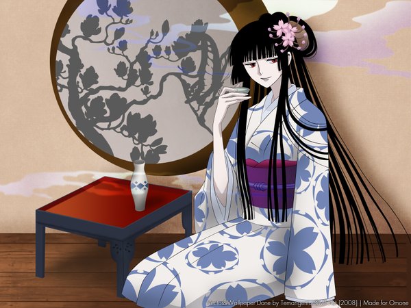 Anime picture 1600x1200 with xxxholic clamp ichihara yuuko long hair black hair red eyes sitting japanese clothes hair flower girl hair ornament belt kimono alcohol sake sakazuki tokkuri