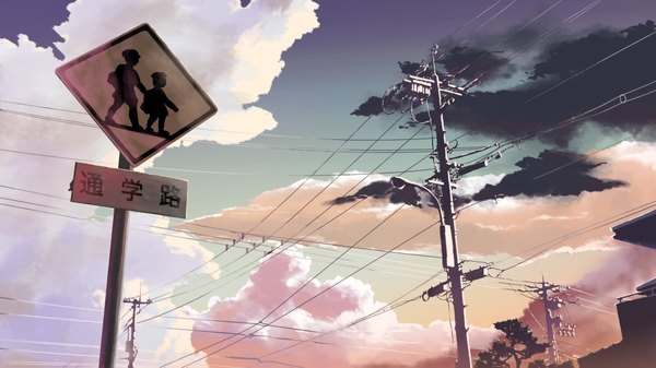 Anime picture 1920x1079 with original mk(marskind) highres wide image sky cloud (clouds) no people wire (wires) traffic sign