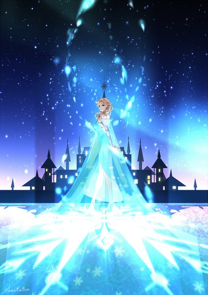 Anime picture 1414x2000 with frozen (disney) disney elsa (frozen) single long hair tall image blue eyes blonde hair standing bare shoulders braid (braids) legs single braid snowing glow silhouette girl dress hair ornament castle