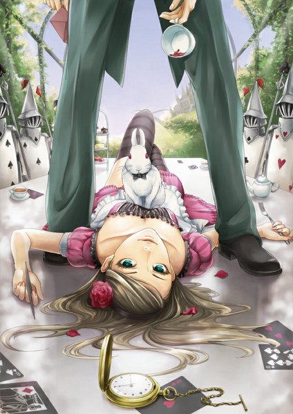 Anime picture 650x919 with alice in wonderland alice (wonderland) white rabbit mad hatter momopanda long hair tall image breasts blue eyes holding lying hair flower fingernails lips short sleeves on back upside down girl thighhighs dress