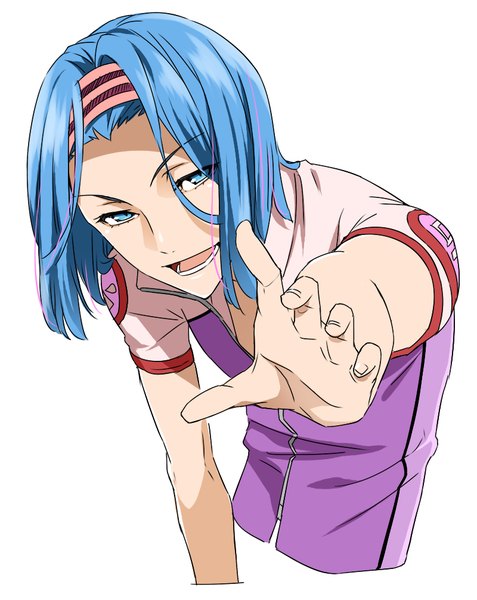 Anime picture 800x1006 with yowamushi pedal kishigami komari natsuko (bluecandy) single tall image looking at viewer short hair open mouth blue eyes simple background white background blue hair upper body outstretched hand boy uniform headband gym uniform