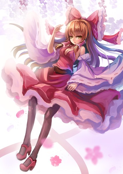 Anime picture 2480x3507 with touhou hakurei reimu single long hair tall image fringe highres brown hair yellow eyes traditional clothes girl skirt hair ornament flower (flowers) bow hair bow detached sleeves petals pantyhose skirt set