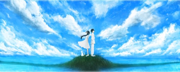 Anime picture 1800x720 with original bounin long hair highres short hair black hair wide image sky cloud (clouds) profile wind couple framed back to back girl dress boy plant (plants) water white dress
