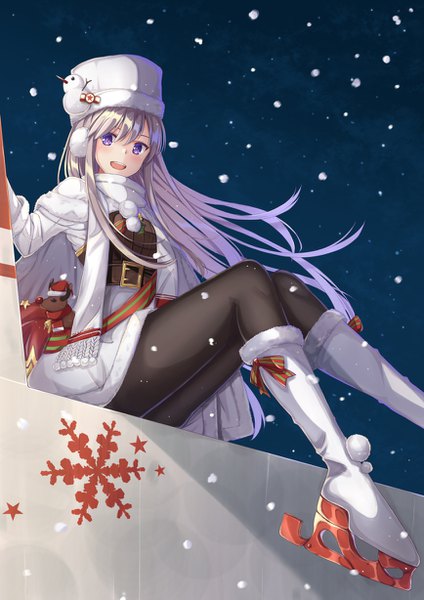 Anime picture 868x1228 with azur lane enterprise (azur lane) enterprise (reindeer master) (azur lane) rurukuru single long hair tall image looking at viewer blush fringe open mouth hair between eyes sitting purple eyes silver hair wind night from below night sky fur trim