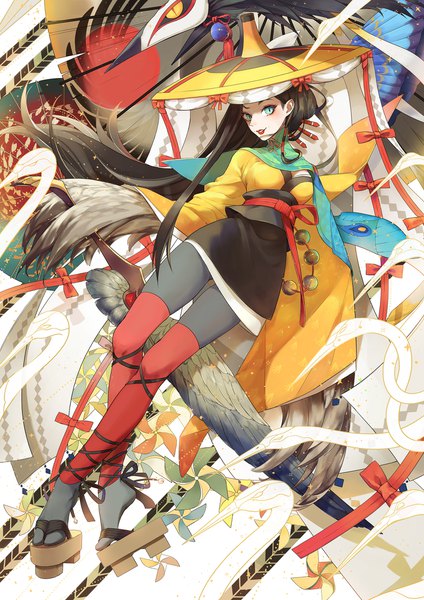 Anime picture 1500x2122 with onmyoji gu huo niao qingfeng che single tall image black hair smile full body very long hair traditional clothes aqua eyes lipstick crossed legs slit pupils red lipstick long legs girl hat animal pantyhose