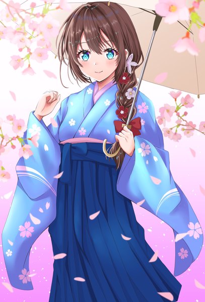Anime picture 1962x2895 with love live! nijigasaki high school idol club sunrise (studio) love live! ousaka shizuku meimaru single long hair tall image looking at viewer blush fringe highres breasts blue eyes smile hair between eyes brown hair standing holding traditional clothes