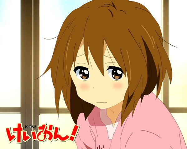 Anime picture 1280x1024 with k-on! kyoto animation hirasawa yui single looking at viewer fringe short hair hair between eyes brown hair brown eyes upper body indoors copyright name face sad girl
