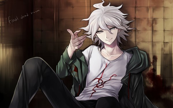 Anime picture 1920x1200 with dangan ronpa super dangan ronpa 2 komaeda nagito harano single highres short hair smile wide image sitting silver hair inscription silver eyes pointing boy