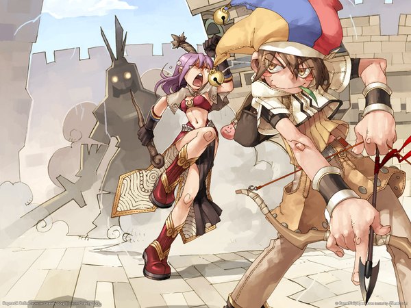 Anime picture 1600x1200 with ragnarok online hunter (ragnarok online) long hair short hair open mouth brown hair holding brown eyes purple hair eyes closed copyright name mouth hold running clown mage girl weapon bell staff jingle bell