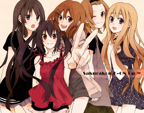 Anime picture 1000x783 with k-on! kyoto animation akiyama mio hirasawa yui nakano azusa kotobuki tsumugi tainaka ritsu nagi kanami long hair blush short hair open mouth black hair smile red eyes brown hair twintails multiple girls brown eyes one eye closed