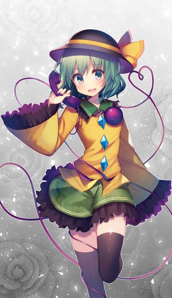 Anime picture 750x1300 with touhou komeiji koishi koto seori single tall image looking at viewer blush short hair open mouth green eyes green hair wide sleeves zettai ryouiki heart of string girl thighhighs black thighhighs hat heart phone