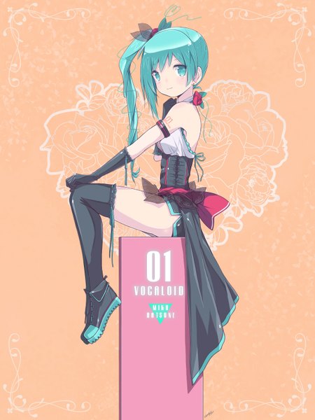 Anime picture 1050x1400 with vocaloid hatsune miku kowiru single long hair tall image looking at viewer blush fringe sitting bare shoulders bent knee (knees) ponytail aqua eyes light smile aqua hair tattoo alternate costume side ponytail alternate hairstyle