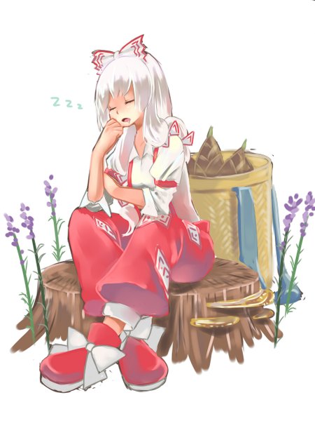 Anime picture 960x1280 with touhou fujiwara no mokou namauni single long hair tall image open mouth simple background white background white hair eyes closed saliva sleeping head rest girl flower (flowers) bow hair bow shirt boots
