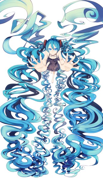 Anime picture 2000x3464 with vocaloid hatsune miku aogiri (artist) single tall image looking at viewer highres simple background smile white background twintails very long hair aqua eyes aqua hair drill hair girl dress