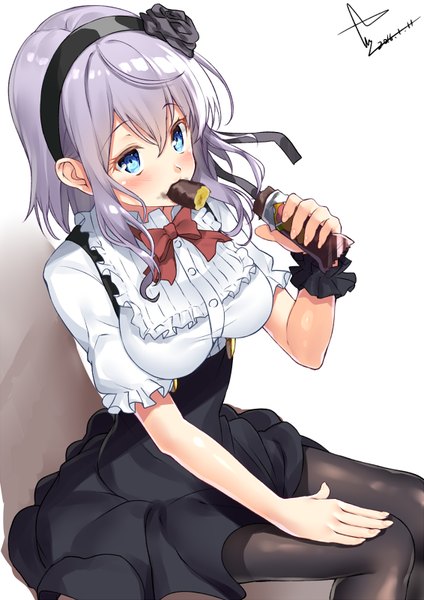 Anime picture 566x800 with dagashi kashi feel (studio) shidare hotaru yappen single tall image blush short hair blue eyes simple background hair between eyes white background sitting holding signed purple hair from above mouth hold dated eating