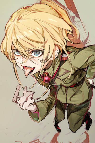 Anime picture 1663x2497 with youjo senki tanya degurechaff hiranko single long hair tall image fringe blue eyes simple background blonde hair hair between eyes looking away ponytail from above military girl gloves uniform white gloves tongue