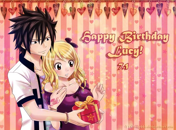 Anime picture 1600x1186 with fairy tail lucy heartfilia gray fullbuster milady666 long hair blush short hair black hair blonde hair smile bare shoulders black eyes inscription orange eyes tattoo hug striped striped background girl dress