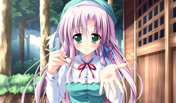 Anime picture 1024x600 with angel ring suou mitsuru saeki nao wide image green eyes game cg purple hair girl hat chopsticks
