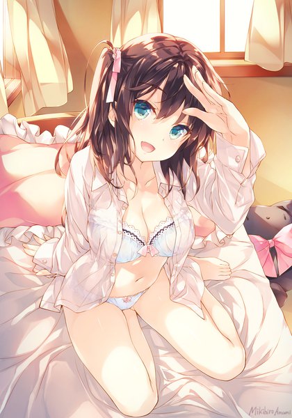 Anime picture 770x1100 with original amami mikihiro single long hair tall image looking at viewer blush fringe breasts open mouth light erotic smile brown hair large breasts sitting signed cleavage indoors barefoot aqua eyes