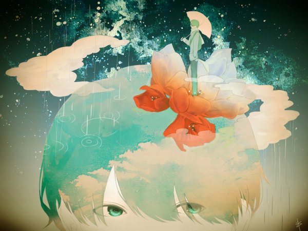 Anime picture 1512x1134 with original koori ichi fringe short hair standing holding signed cloud (clouds) profile aqua eyes aqua hair multiple boys rain hand in pocket transparent hair over eyes abstract boy flower (flowers) jacket