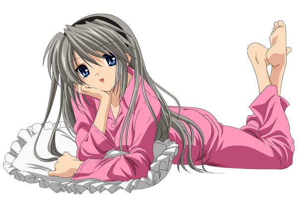 Anime picture 4000x2800 with clannad key (studio) sakagami tomoyo single long hair looking at viewer blush fringe highres open mouth blue eyes smile full body bent knee (knees) lying head tilt :d barefoot grey hair transparent background