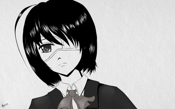Anime picture 1920x1200 with another p.a. works misaki mei nouren (artist) single highres short hair black hair simple background wide image ahoge grey background girl bow eyepatch paper